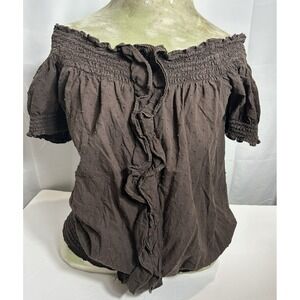 Vintage Y2K Peasant Top Brown Dot Forest Fairy Grunge Coquette Romantic Size M
